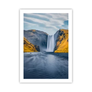 Póster - Una cascada que fluye desde las montañas rodeadas de laderas doradas. - 50x70cm - Duración eterna, movimiento eterno - Decoración de pared moderna para salón y dormitorio ARTTOR