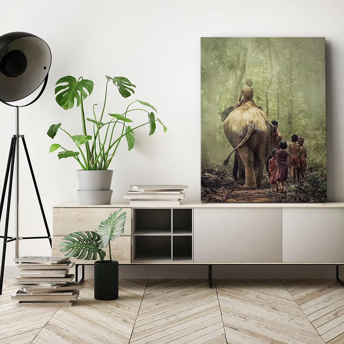 Cuadro sobre lienzo - Impresión de Imagen - Niños con un elefante en un bosque verde a la luz de la mañana. - 50x70cm - El nuevo libro de la selva - Decoración de pared moderna para salón y dormitorio ARTTOR
