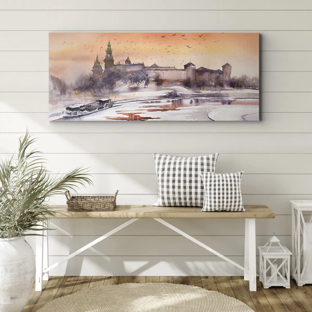 Cuadro sobre lienzo - Impresión de Imagen - Puesta de sol sobre el castillo en un paisaje invernal - 160x50cm - Atardecer real - Decoración de pared moderna para salón y dormitorio ARTTOR