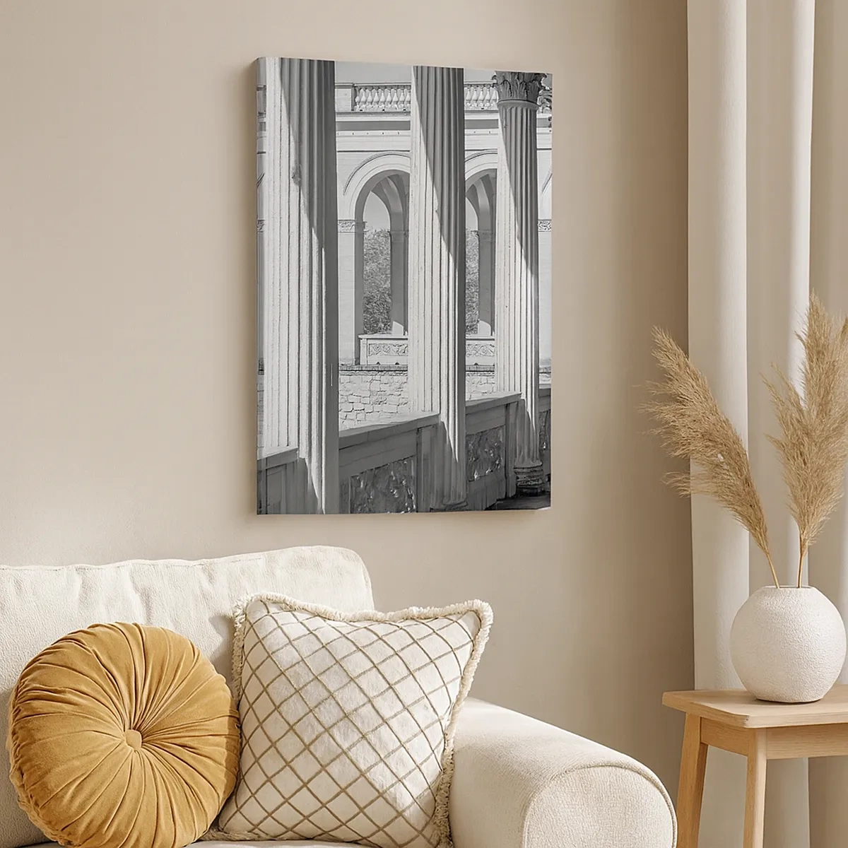 Cuadro sobre lienzo - Impresión de Imagen - Columnata de estilo clásico en blanco y negro - 50x70cm - Galería soleada - Decoración de pared moderna para salón y dormitorio ARTTOR