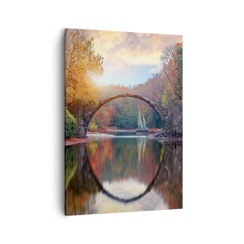 Cuadro sobre lienzo - Impresión de Imagen - Un puente de piedra en un paisaje otoñal sobre aguas tranquilas. - 50x70cm - Al otro lado del espejo - Decoración de pared moderna para salón y dormitorio ARTTOR