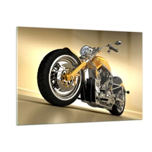 Cuadro sobre vidrio - Impresiones sobre Vidrio - Una motocicleta personalizada dorada sobre un fondo claro. - 120x80cm - Un sueño de fuerza y velocidad - Decoración de pared moderna para salón y dormitorio ARTTOR