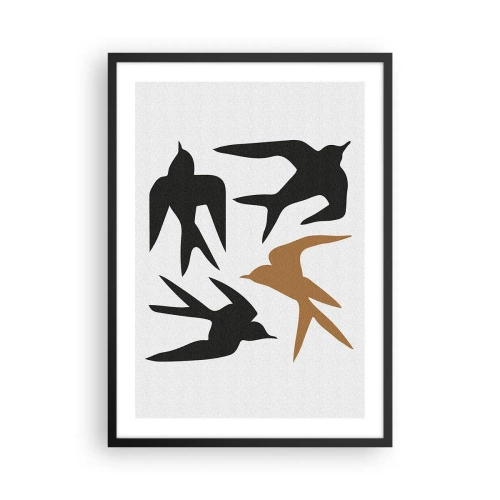 Póster en marco negro - Siluetas estilizadas de golondrinas sobre un fondo claro - 50x70cm - Juegos de golondrinas - Decoración de pared moderna para salón y dormitorio ARTTOR