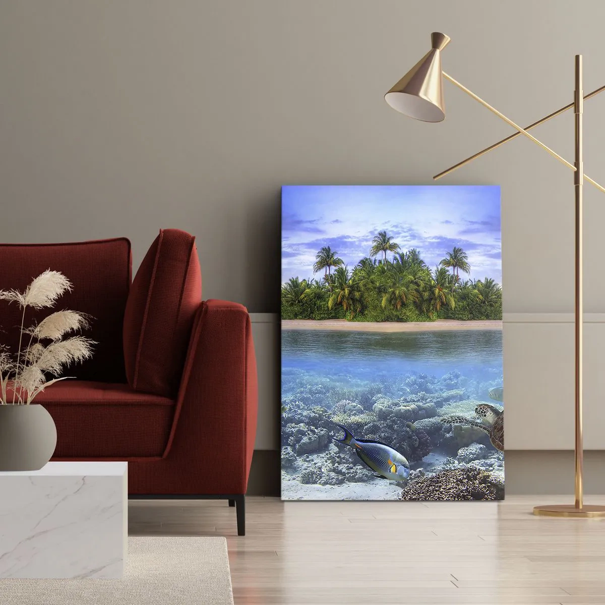 Cuadro sobre lienzo - Impresión de Imagen - Una isla tropical rodeada de un océano turquesa con un arrecife de coral y peces. - 50x70cm - Una isla paradisíaca te invita - Decoración de pared moderna para salón y dormitorio ARTTOR