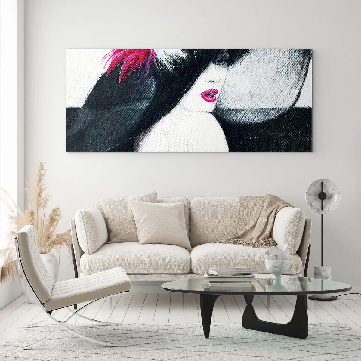 Cuadro sobre vidrio - Impresiones sobre Vidrio - Mujer elegante con un sombrero de plumas - 140x50cm - Siempre un misterio - Decoración de pared moderna para salón y dormitorio ARTTOR