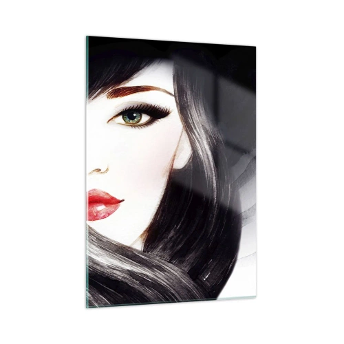 Cuadro sobre vidrio - Impresiones sobre Vidrio - Retrato de una mujer con cabello negro y labios rojos expresivos. - 50x70cm - Mirada de zafiro - Decoración de pared moderna para salón y dormitorio ARTTOR