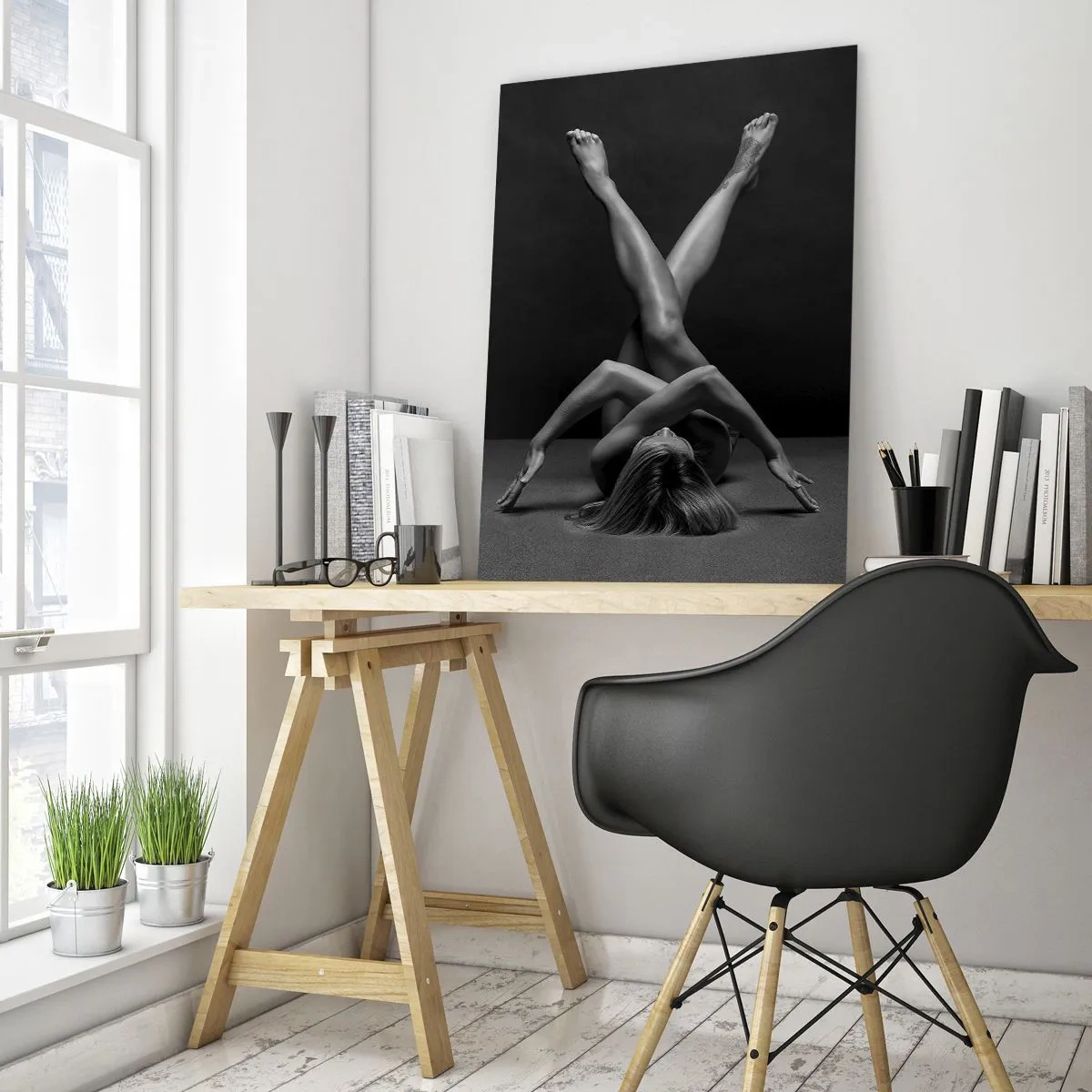 Cuadro sobre vidrio - Impresiones sobre Vidrio - Desnudo femenino en una composición corporal geométrica - 50x70cm - Geometría al desnudo - Decoración de pared moderna para salón y dormitorio ARTTOR