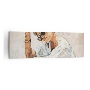Cuadro sobre lienzo - Impresión de Imagen - Retrato de una mujer con gafas de sol contra una pared clara. - 160x50cm - Retrato a pleno sol - Decoración de pared moderna para salón y dormitorio ARTTOR