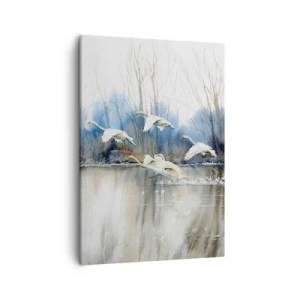 Cuadro sobre lienzo - Impresión de Imagen - Cisnes en vuelo sobre un lago congelado en un paisaje invernal - 50x70cm - Como en un cuento de cisnes salvajes - Decoración de pared moderna para salón y dormitorio ARTTOR