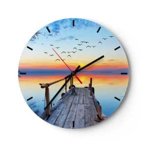 Reloj de pared - Reloj de vidrio - Un muelle en el lago bajo los rayos del sol poniente. - 30x30cm - Es hora de volver... - Decoración de pared moderna para salón, cocina y dormitorio ARTTOR