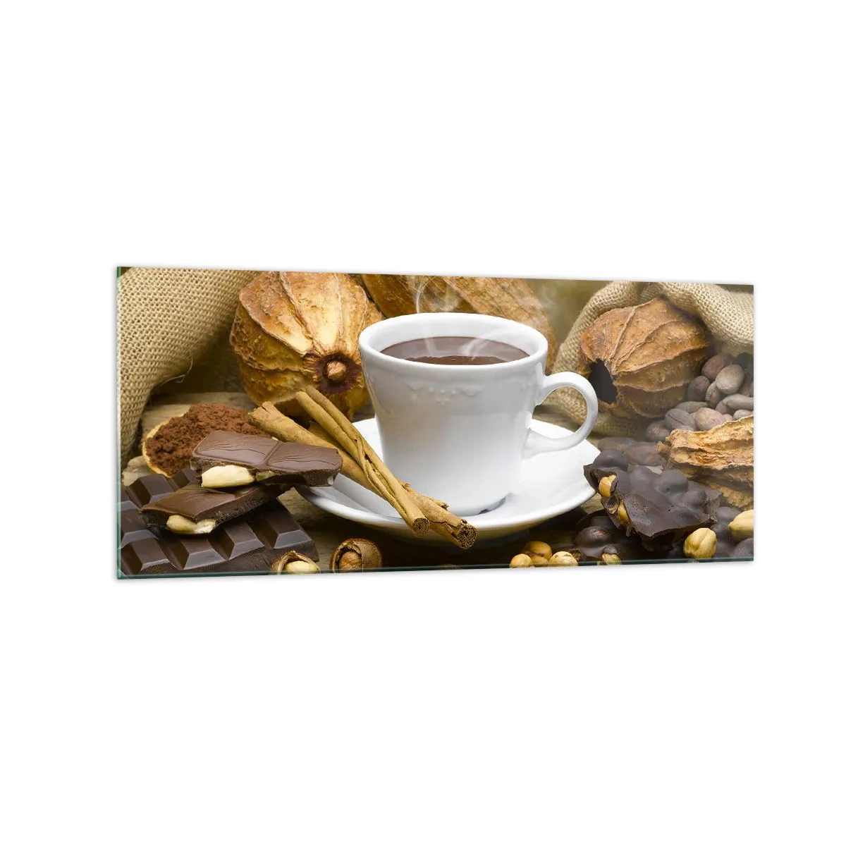 Cuadro sobre vidrio - Impresiones sobre Vidrio - Una taza de chocolate caliente rodeada de cacao y canela. - 120x50cm - Para los que buscan emociones - Decoración de pared moderna para salón y dormitorio ARTTOR