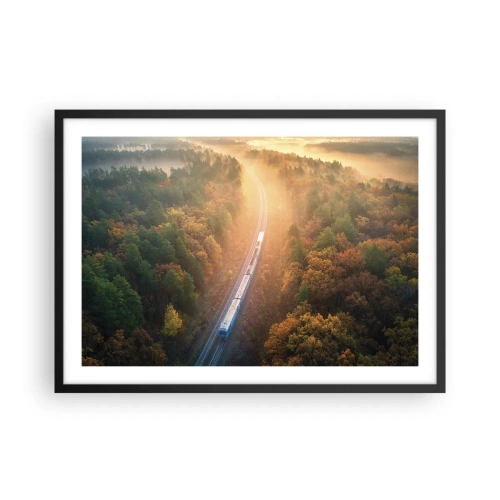 Póster en marco negro - Un tren en un bosque otoñal al amanecer. - 70x50cm - Un viaje otoñal - Decoración de pared moderna para salón y dormitorio ARTTOR
