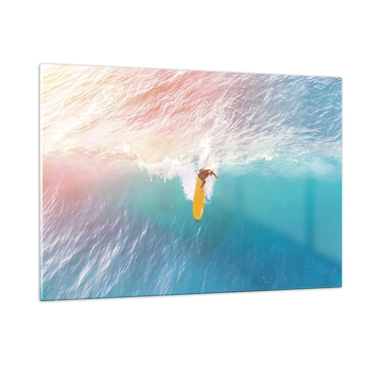 Cuadro sobre vidrio - Impresiones sobre Vidrio - Surfista montando una ola en el océano turquesa - 120x80cm - Jinete del océano - Decoración de pared moderna para salón y dormitorio ARTTOR