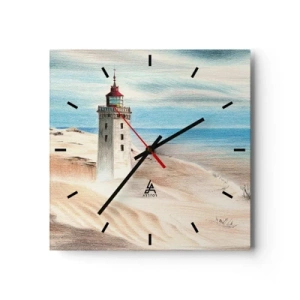 Reloj de pared - Reloj de vidrio - Un faro rodeado de dunas de arena y un cielo azul. - 30x30cm - Siempre mirando al mar - Decoración de pared moderna para salón y dormitorio ARTTOR