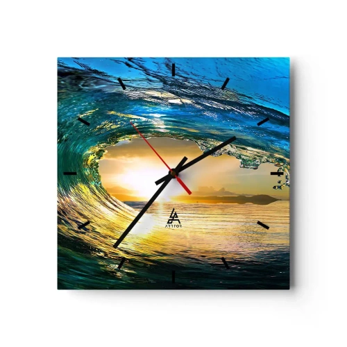 Reloj de pared - Reloj de vidrio - Ola del océano bajo el sol con vistas al horizonte. - 30x30cm - Ojo de esperanza - Decoración de pared moderna para salón y dormitorio ARTTOR