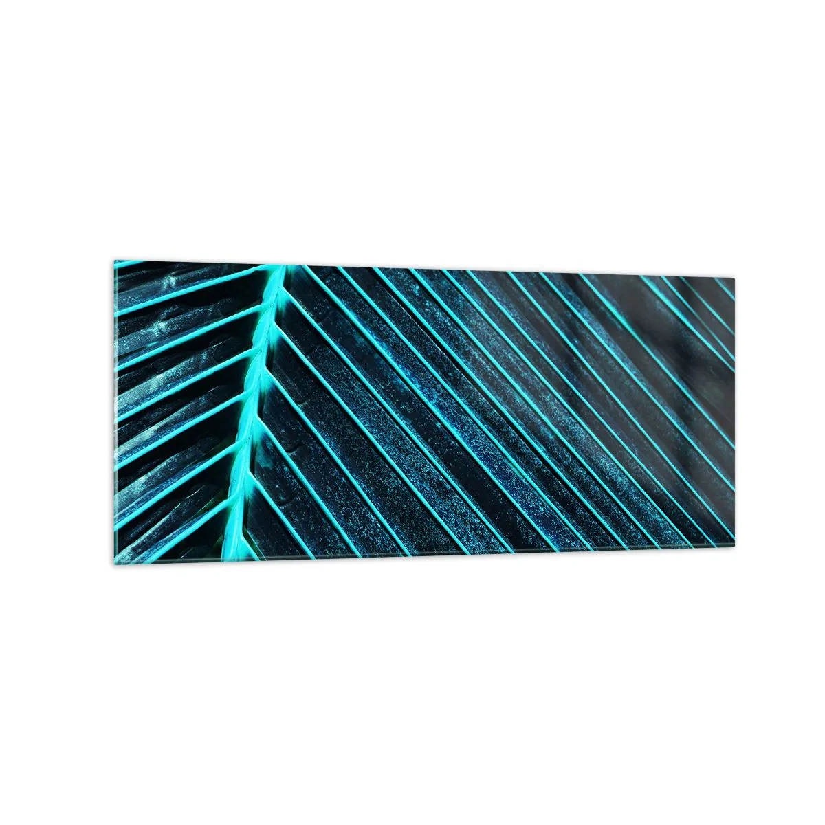 Cuadro sobre vidrio - Impresiones sobre Vidrio - Fotografía macro de una hoja en tonos turquesa y azul marino. - 120x50cm - La textura del verde - Decoración de pared moderna para salón y dormitorio ARTTOR