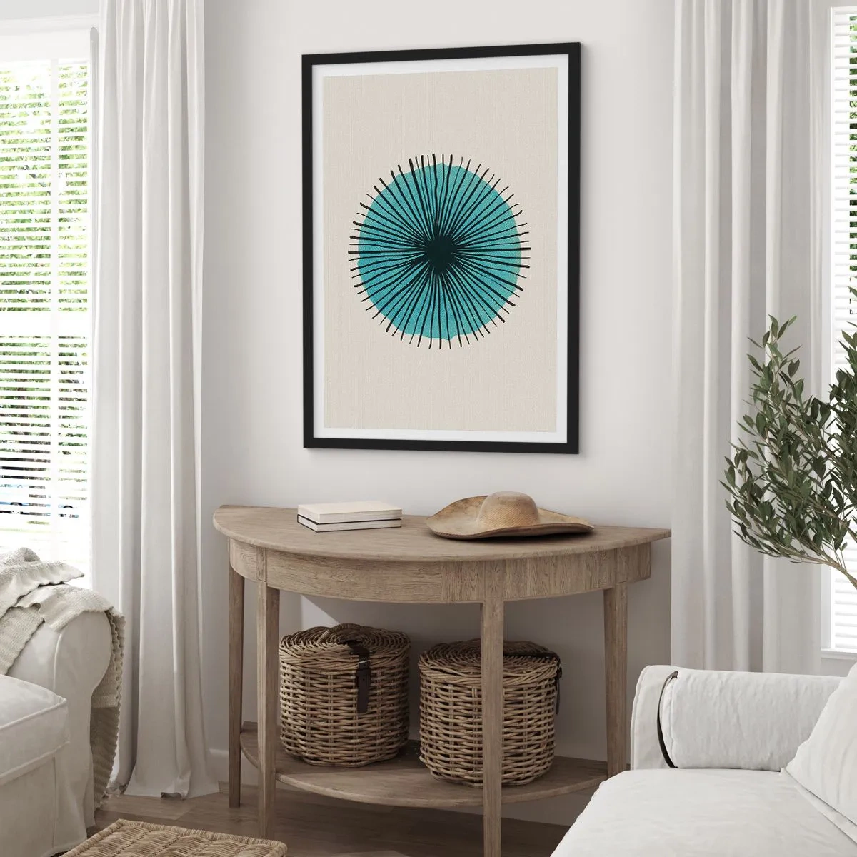 Póster en marco negro - Patrón geométrico en forma de círculo radial. - 50x70cm - Radiante en azul - Decoración de pared moderna para salón y dormitorio ARTTOR