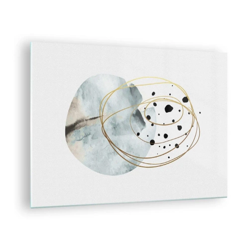 Cuadro sobre vidrio - Impresiones sobre Vidrio - Composición abstracta con una mancha azul y líneas doradas. - 70x50cm - El concepto del espacio - Decoración de pared moderna para salón y dormitorio ARTTOR