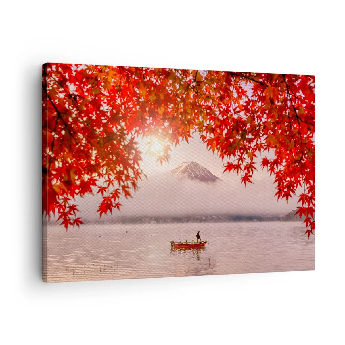 Cuadro sobre lienzo - Impresión de Imagen - Un barco en un lago rodeado de hojas de arce rojas. - 70x50cm - Estilo japonés - Decoración de pared moderna para salón y dormitorio ARTTOR