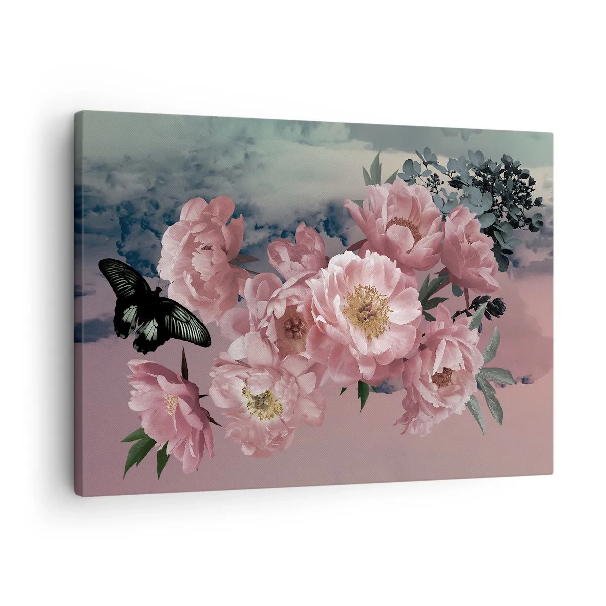 Cuadro sobre lienzo - Impresión de Imagen - Peonías rosas con una mariposa sobre un fondo pastel. - 70x50cm - La cúspide del romance - Decoración de pared moderna para salón y dormitorio ARTTOR