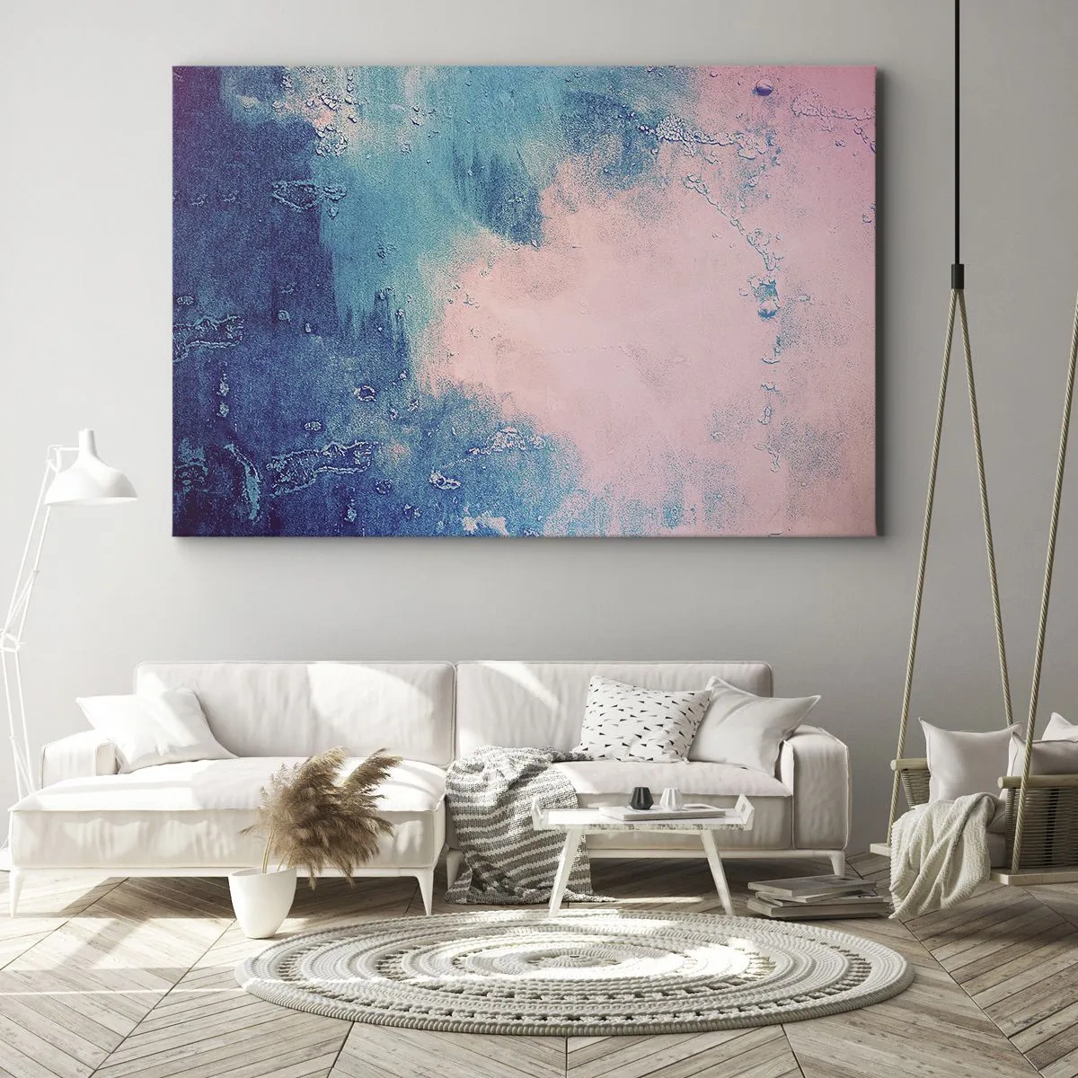 Cuadro sobre lienzo - Impresión de Imagen - Textura abstracta en tonos rosa y azul. - 70x50cm - Abrazo azul - Decoración de pared moderna para salón y dormitorio ARTTOR