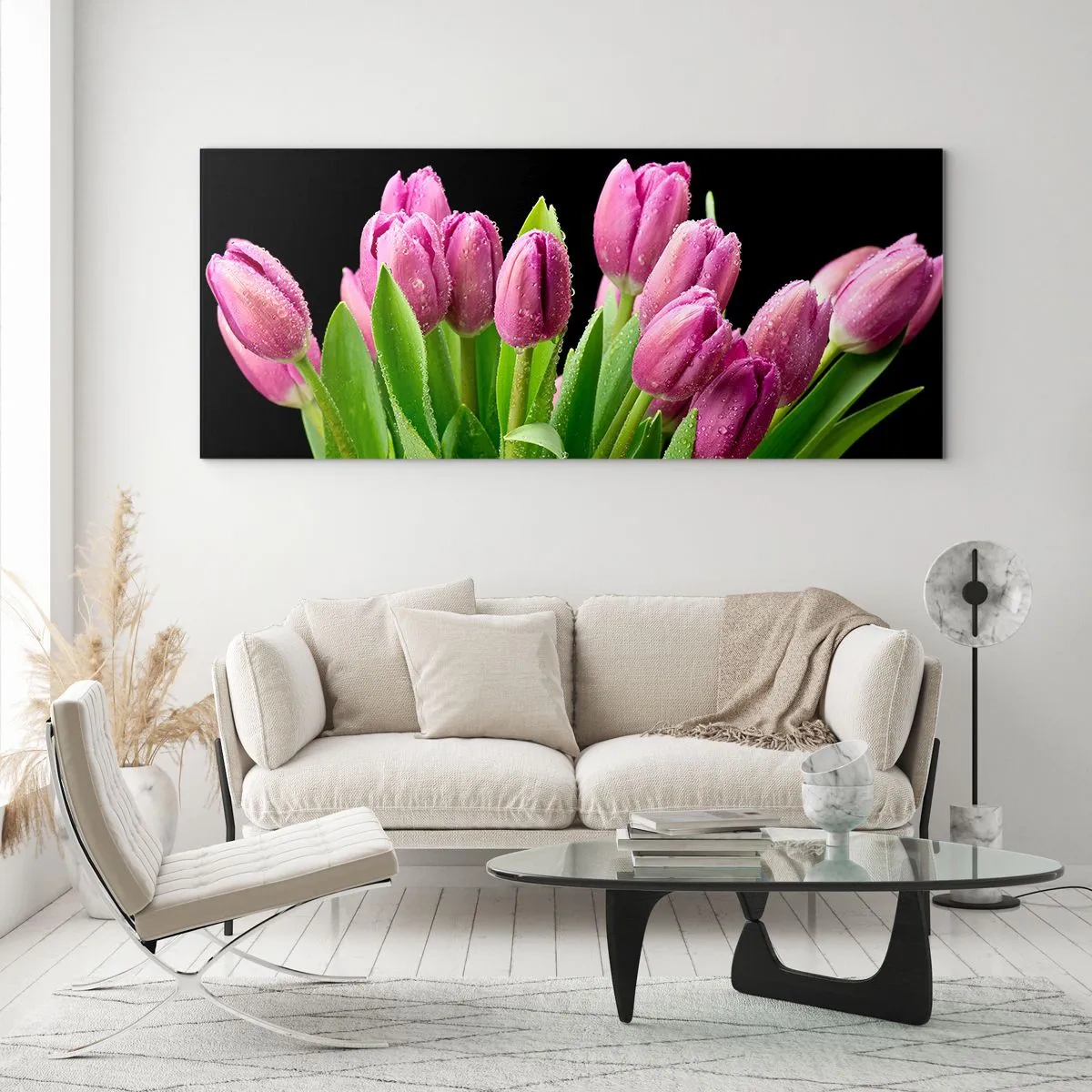 Cuadro sobre vidrio - Impresiones sobre Vidrio - Tulipanes rosados con gotas de rocío sobre un fondo negro - 160x50cm - La alegría de la primavera - Decoración de pared moderna para salón y dormitorio ARTTOR