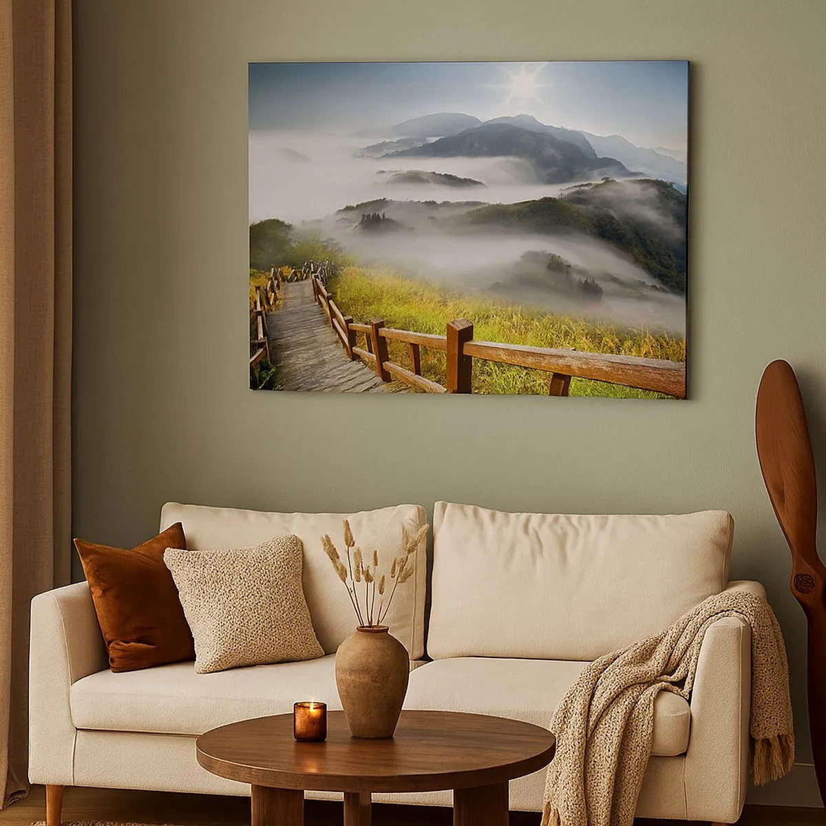 Cuadro sobre lienzo - Impresión de Imagen - Un sendero de madera entre las montañas brumosas por la mañana. - 70x50cm - Tejido de resplandor y niebla - Decoración de pared moderna para salón y dormitorio ARTTOR