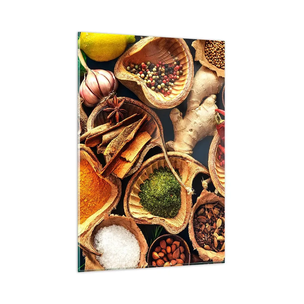 Cuadro sobre vidrio - Impresiones sobre Vidrio - Cuencos de especias en diferentes colores. - 80x120cm - Toma lo que quieras - Decoración de pared moderna para salón y dormitorio ARTTOR