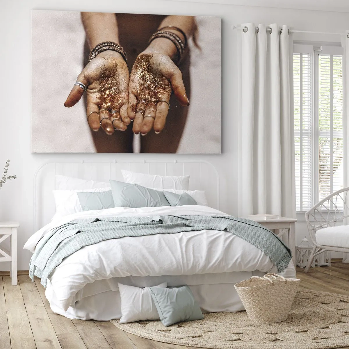 Cuadro sobre lienzo - Impresión de Imagen - Primer plano de manos con purpurina en tonos cálidos. - 100x70cm - Un regalo para ti - Decoración de pared moderna para salón y dormitorio ARTTOR