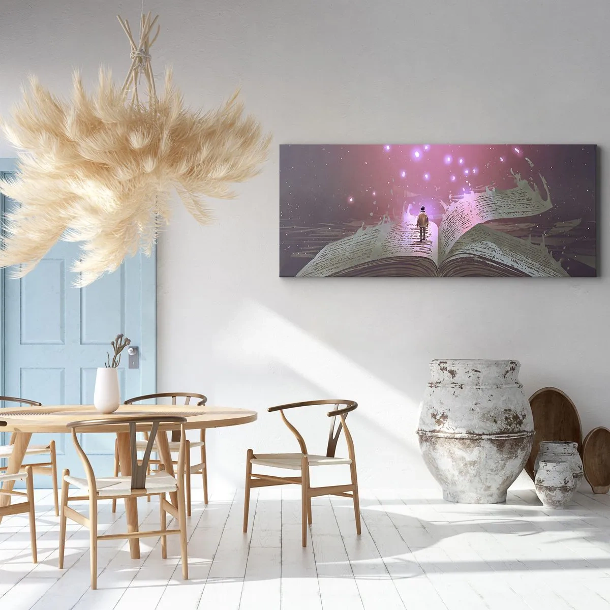 Cuadro sobre lienzo - Impresión de Imagen - Una figura pisa un libro abierto bajo una luz mágica. - 120x50cm - Una invitación a otro mundo - Decoración de pared moderna para salón y dormitorio ARTTOR