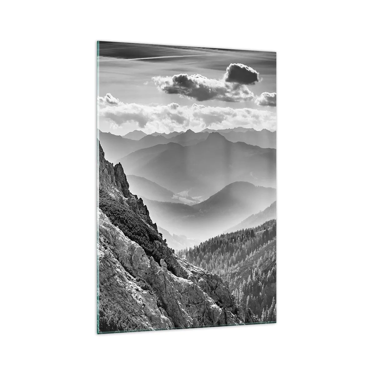 Cuadro sobre vidrio - Impresiones sobre Vidrio - Paisaje de montaña en blanco y negro con nubes sobre los picos. - 70x100cm - Hasta el horizonte - Decoración de pared moderna para salón y dormitorio ARTTOR