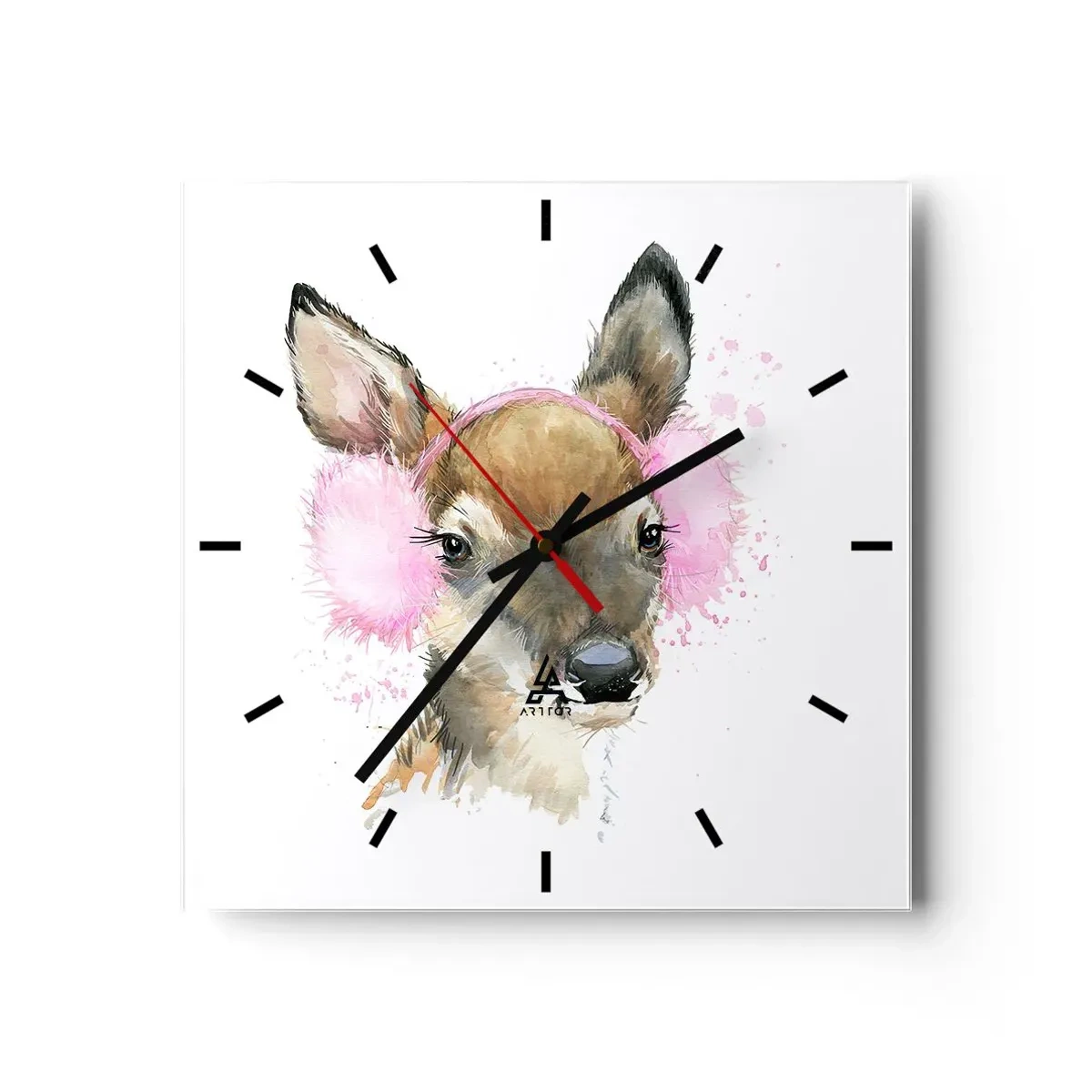 Reloj de pared - Reloj de vidrio - Ciervo de acuarela con orejeras rosas - 30x30cm - Y el frío no te molestará más - Decoración de pared moderna para salón y dormitorio ARTTOR