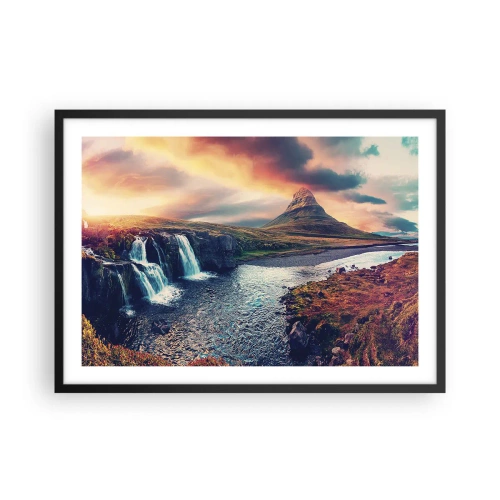 Póster en marco negro - Vista de la cascada y la montaña a la luz del sol poniente. - 70x50cm - En la majestuosidad de la naturaleza - Decoración de pared moderna para salón y dormitorio ARTTOR
