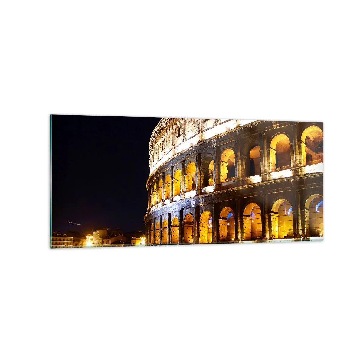 Cuadro sobre vidrio - Impresiones sobre Vidrio - El Coliseo iluminado por luces por la noche en Roma - 120x50cm - Los juegos están a punto de comenzar - Decoración de pared moderna para salón y dormitorio ARTTOR