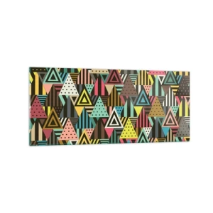 Cuadro sobre vidrio - Impresiones sobre Vidrio - Patrón geométrico colorido con triángulos y líneas. - 120x50cm - A ritmo de triángulo - Decoración de pared moderna para salón y dormitorio ARTTOR