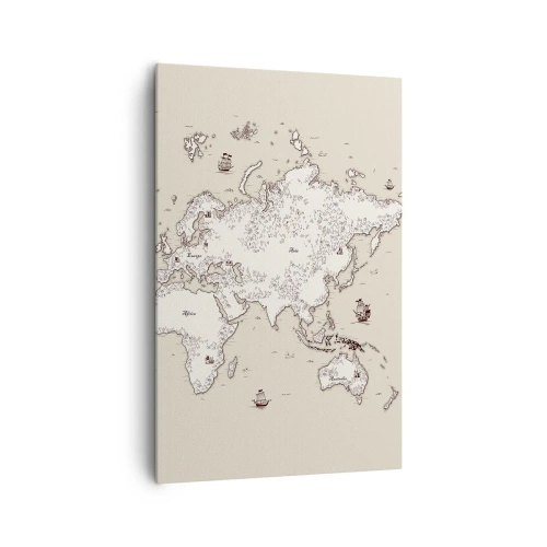 Cuadro sobre lienzo - Impresión de Imagen - Un mapa estilizado del mundo en tonos beige y marrón. - 80x120cm - Un viaje alrededor del mundo - Decoración de pared moderna para salón y dormitorio ARTTOR