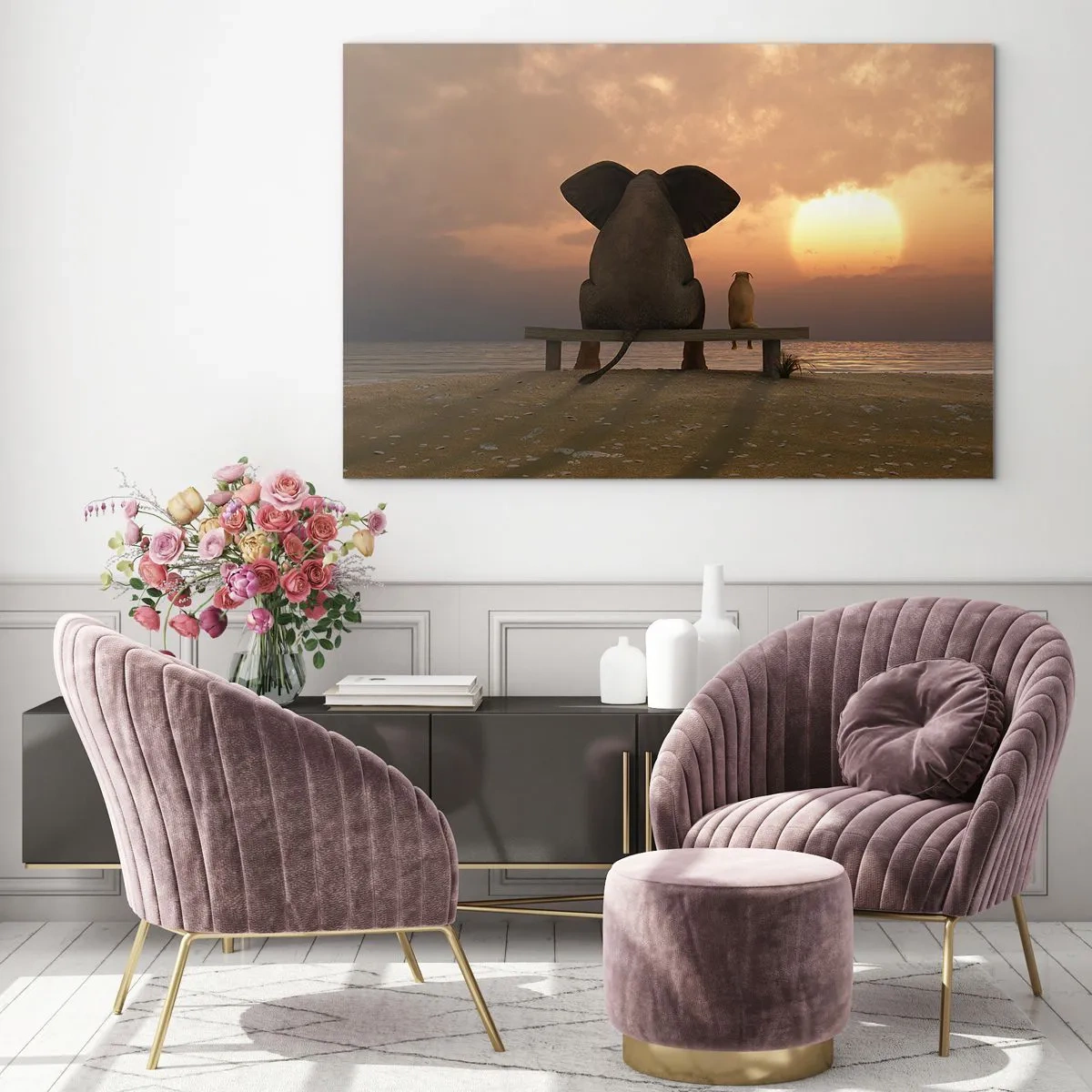 Cuadro sobre vidrio - Impresiones sobre Vidrio - Elefante y perro en un banco al atardecer - 100x70cm - Es bueno estar en silencio juntos - Decoración de pared moderna para salón y dormitorio ARTTOR