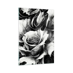 Cuadro sobre vidrio - Impresiones sobre Vidrio - Rosas blancas y negras en una elegante composición. - 80x120cm - Siempre como una reina - Decoración de pared moderna para salón y dormitorio ARTTOR