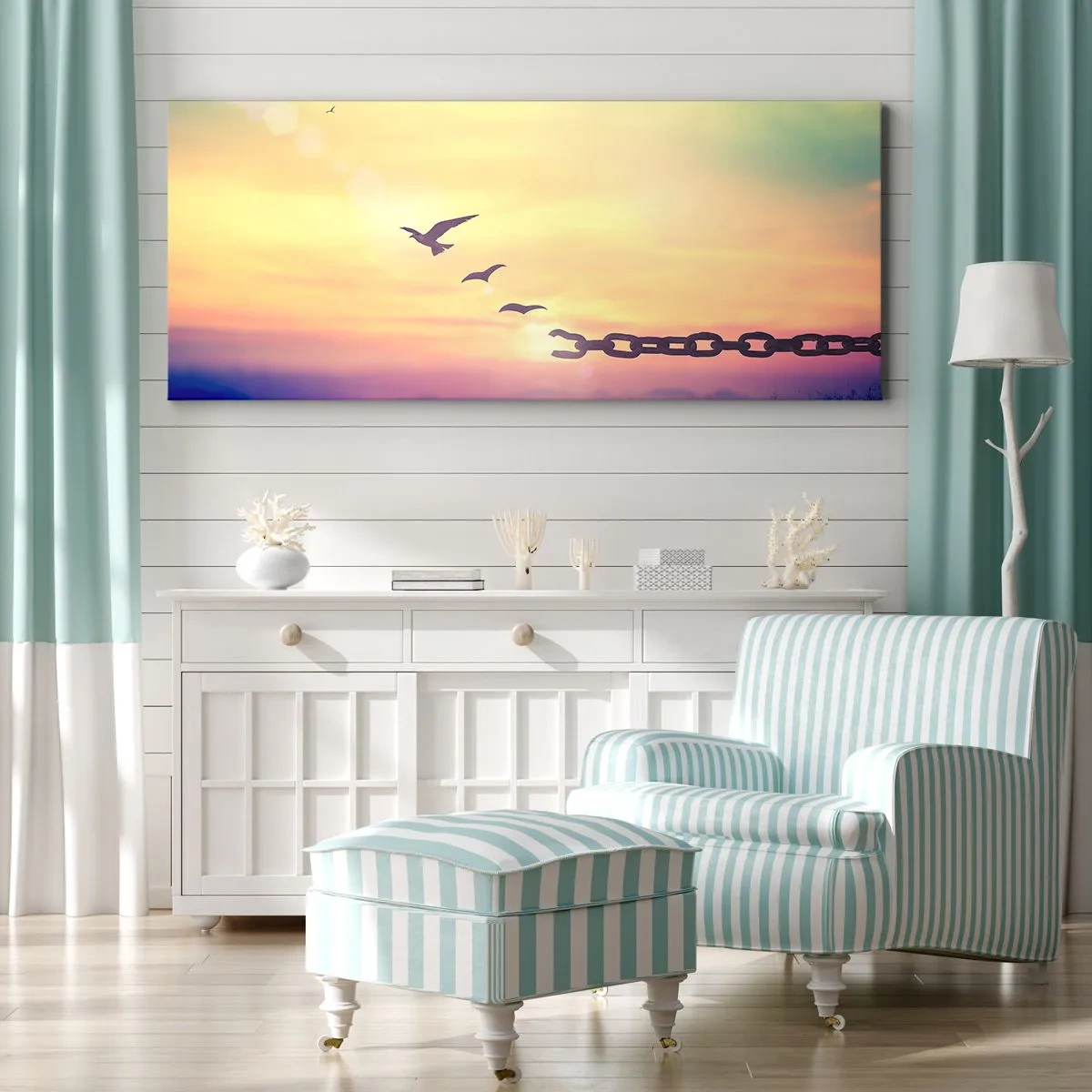 Cuadro sobre lienzo - Impresión de Imagen - Símbolo de libertad con pájaros y una cadena rota. - 120x50cm - Victoria de la libertad - Decoración de pared moderna para salón y dormitorio ARTTOR