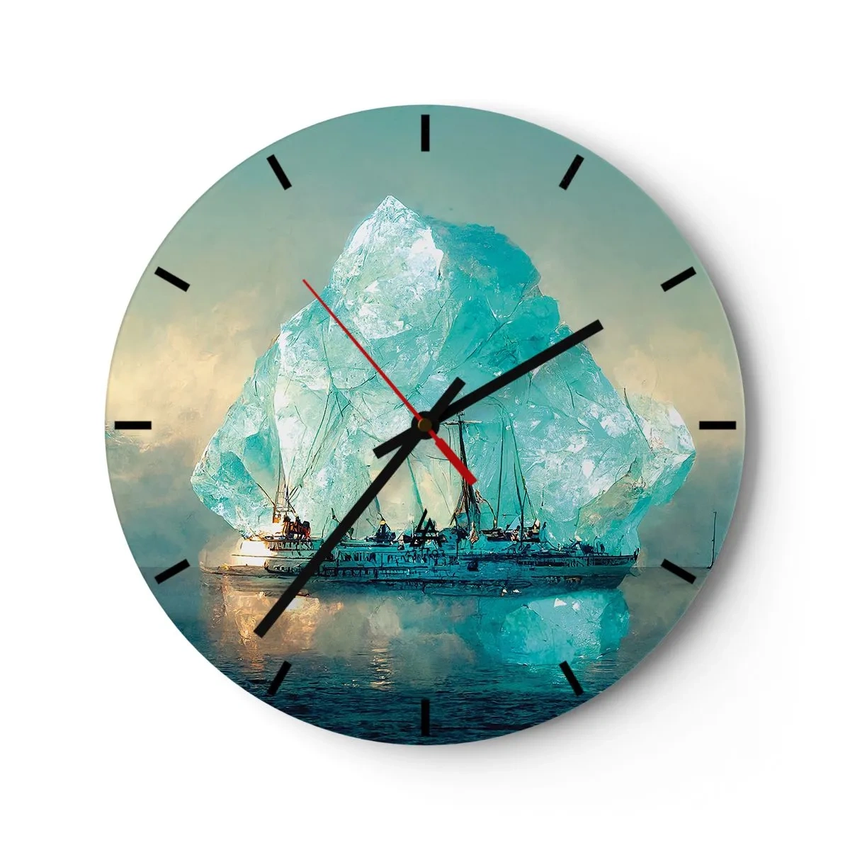 Reloj de pared - Reloj de vidrio - Un barco entre icebergs azules contra el cielo. - 30x30cm - Diamante ártico - Decoración de pared moderna para salón, cocina y dormitorio ARTTOR