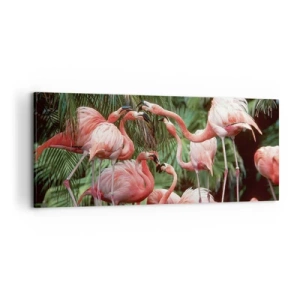 Cuadro sobre lienzo - Impresión de Imagen - Un grupo de flamencos en un entorno tropical rodeado de palmeras. - 120x50cm - Cotilleos de la tarde - Decoración de pared moderna para salón y dormitorio ARTTOR