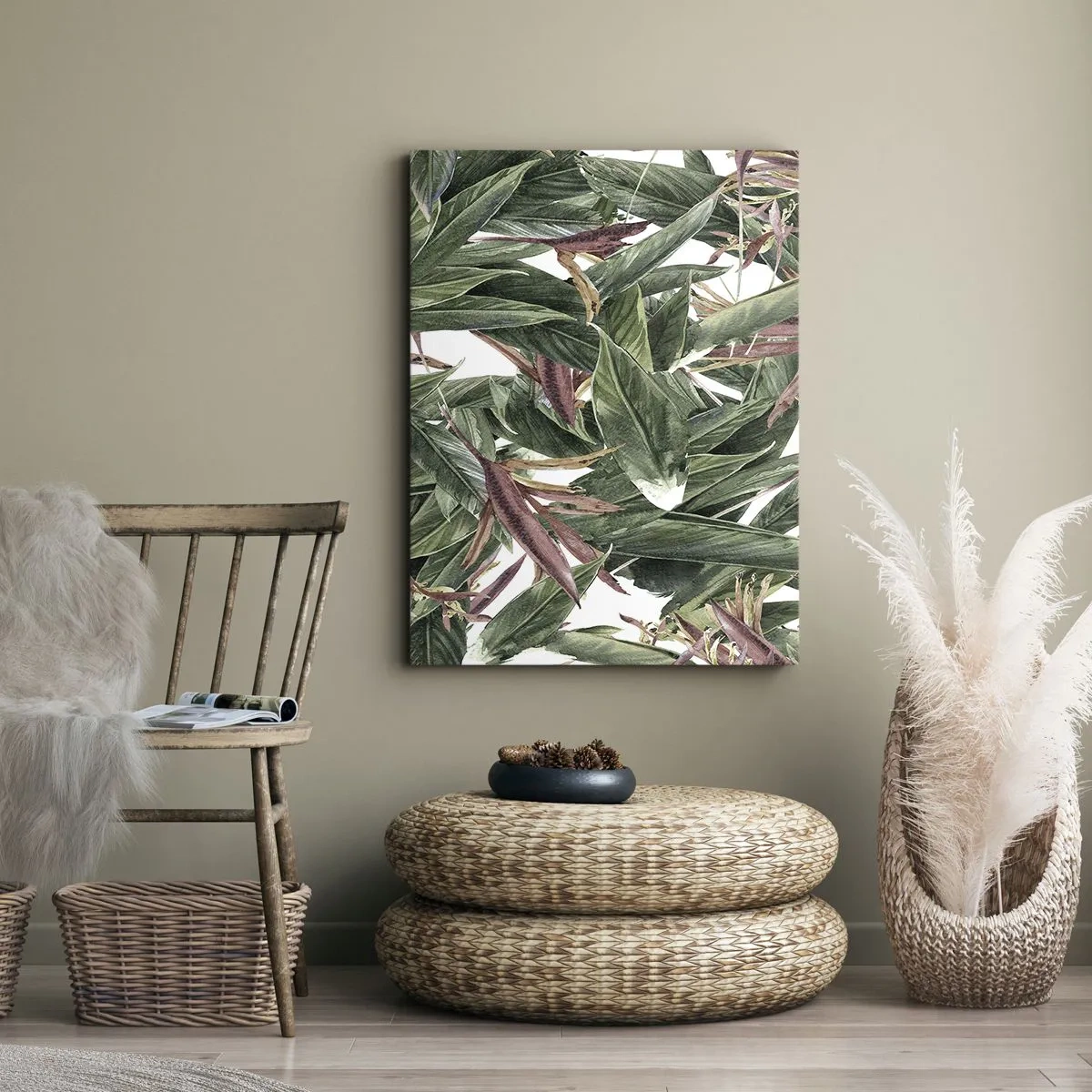 Cuadro sobre lienzo - Impresión de Imagen - Un motivo decorativo de hojas en tonos verdes y burdeos sobre un fondo claro. - 80x120cm - Naturaleza esmeralda y lila - Decoración de pared moderna para salón y dormitorio ARTTOR
