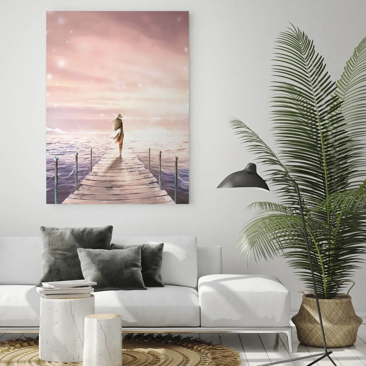 Cuadro sobre vidrio - Impresiones sobre Vidrio - Mujer en el muelle al atardecer - 50x70cm - A la luz de un sueño - Decoración de pared moderna para salón y dormitorio ARTTOR