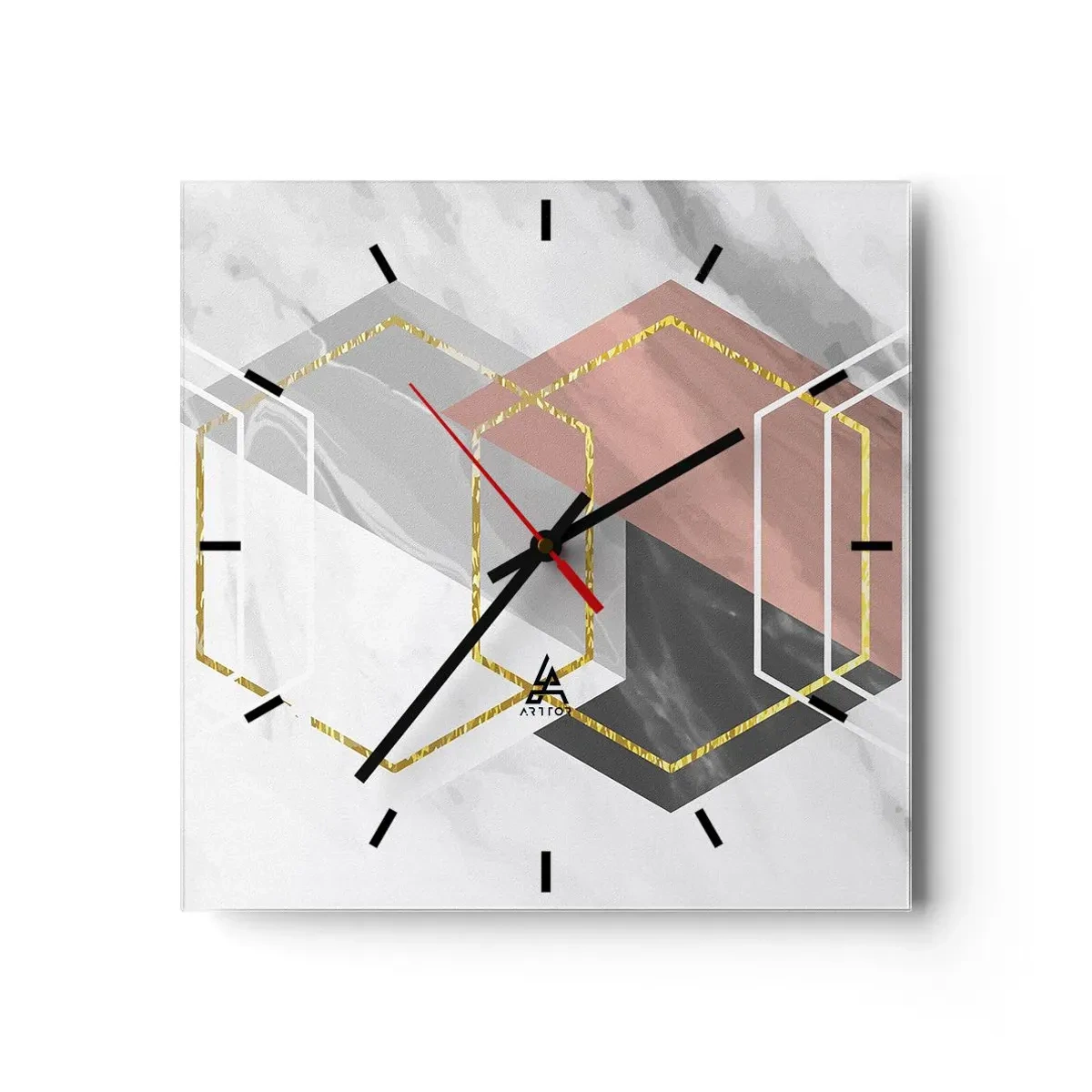 Reloj de pared - Reloj de vidrio - Figuras geométricas con acentos dorados y de mármol. - 30x30cm - Composición en cadena - Decoración de pared moderna para salón y dormitorio ARTTOR