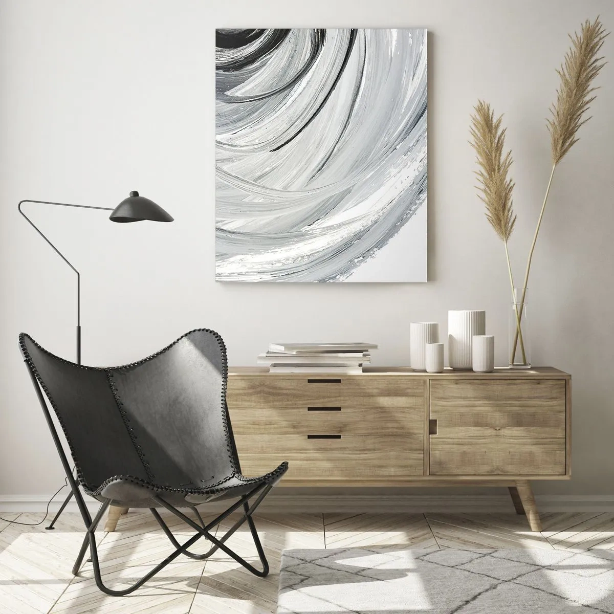 Cuadro sobre vidrio - Impresiones sobre Vidrio - Un remolino monocromático en tonos de gris y negro. - 80x120cm - Composición orbital - Decoración de pared moderna para salón y dormitorio ARTTOR