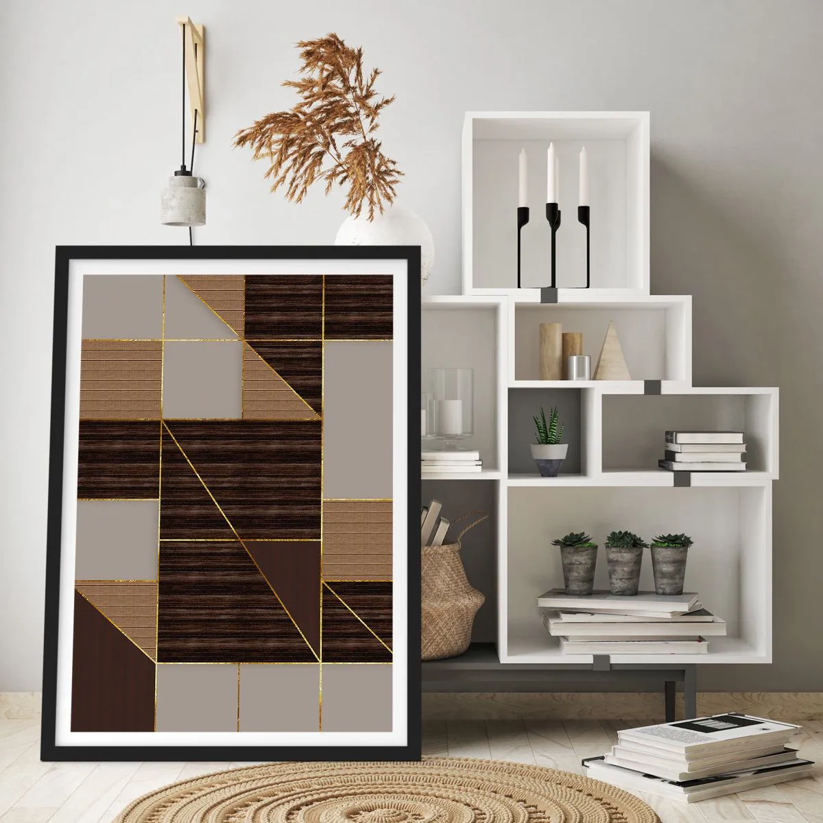 Póster en marco negro - Composición geométrica en tonos marrones y dorados. - 50x70cm - Un mosaico de marrones y dorados - Decoración de pared moderna para salón y dormitorio ARTTOR