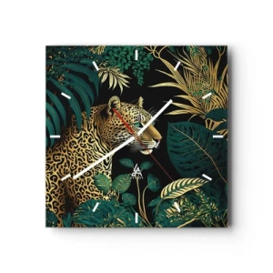 Reloj de pared - Reloj de vidrio - Leopardo en hojas tropicales sobre un fondo negro - 30x30cm - El anfitrión en la jungla - Decoración de pared moderna para salón y dormitorio ARTTOR