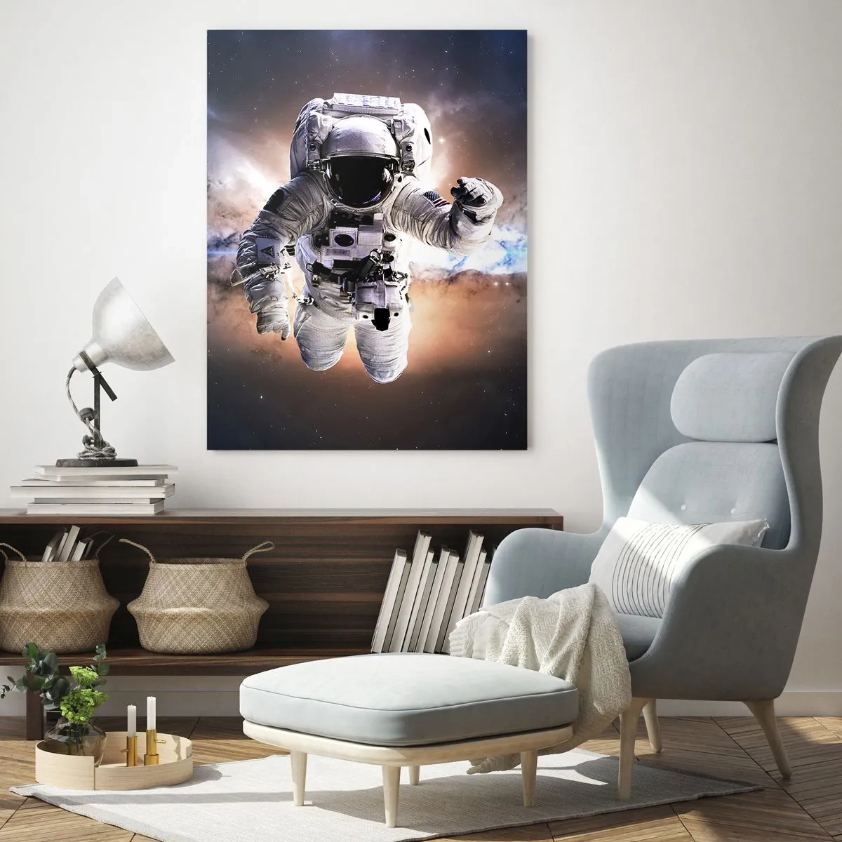 Cuadro sobre vidrio - Impresiones sobre Vidrio - Astronauta en el espacio - 80x120cm - Saludos desde el espacio exterior - Decoración de pared moderna para salón y dormitorio ARTTOR