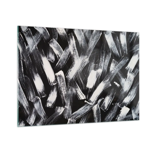 Cuadro sobre vidrio - Impresiones sobre Vidrio - Abstracción en blanco y negro de pinceladas sobre un fondo oscuro. - 100x70cm - Abstracción en el espíritu industrial - Decoración de pared moderna para salón y dormitorio ARTTOR