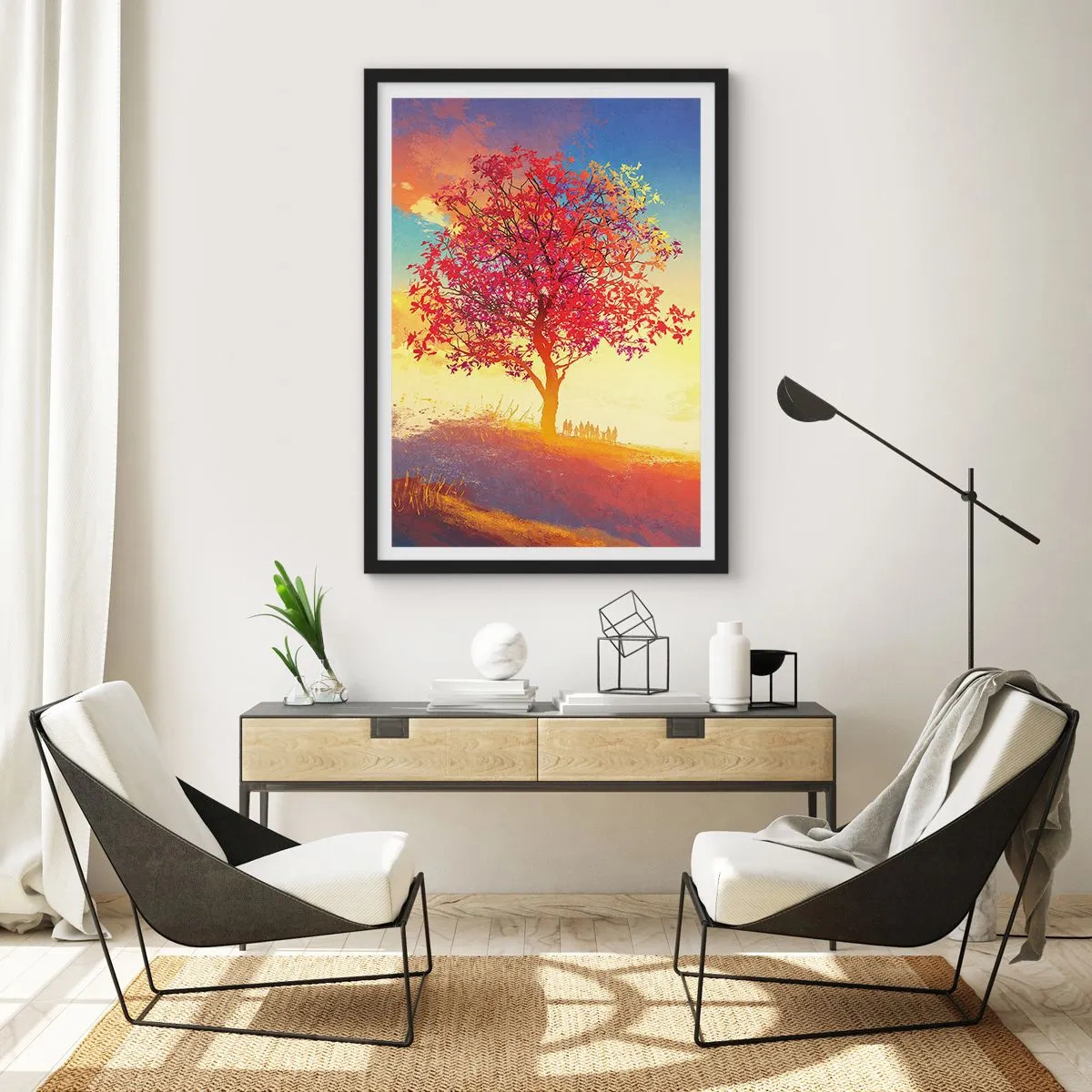 Póster en marco negro - Un árbol con hojas rojas contra el fondo del sol poniente. - 50x70cm - Un peregrino en su destino - Decoración de pared moderna para salón y dormitorio ARTTOR